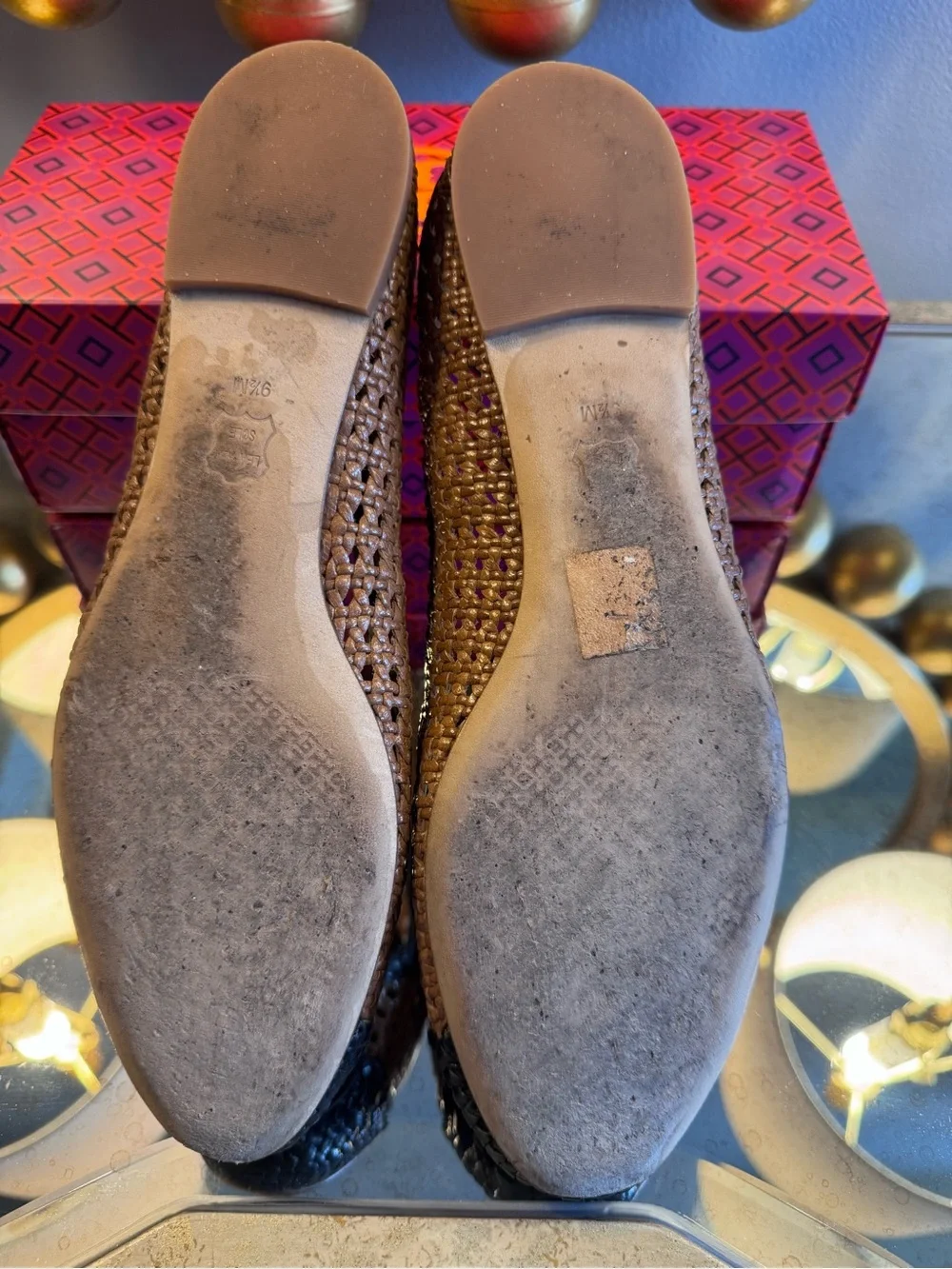 Tory Burch Tan and Black Woven Logo Ballet Flats - Size 9.5